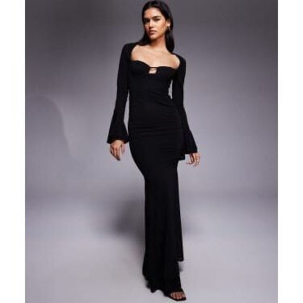 ASOS DESIGN cupped maxi dress with asymmetric sleeve seam detail in black